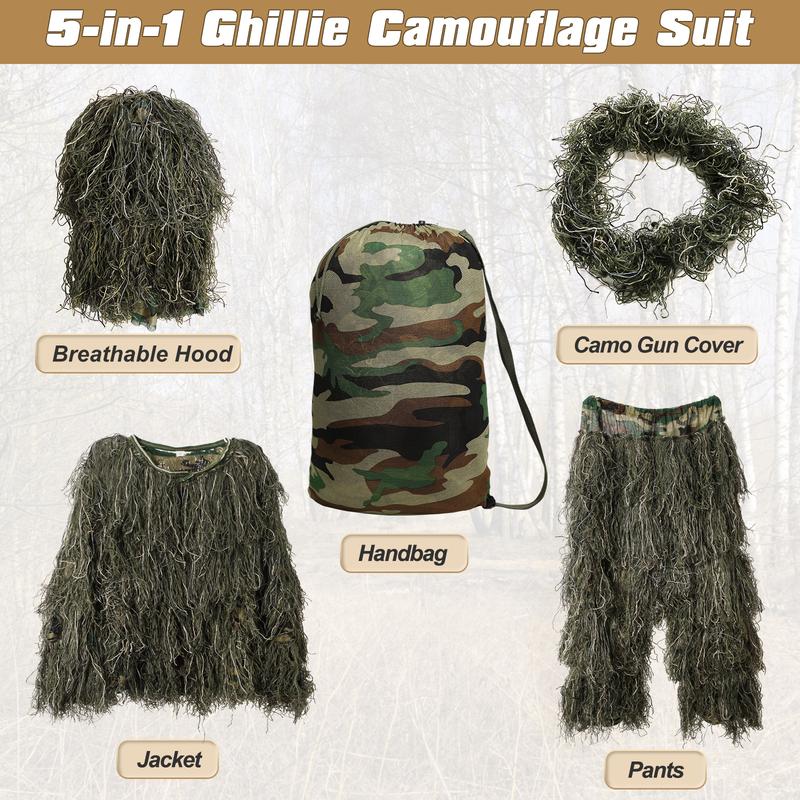 Slsy 5 in 1 Ghillie Suit, 3D Camouflage Hunting Apparel Including Jacket, Pants, Hood, Carry Bag Suitable for Unisex Adults Youth (M L XL XXL)