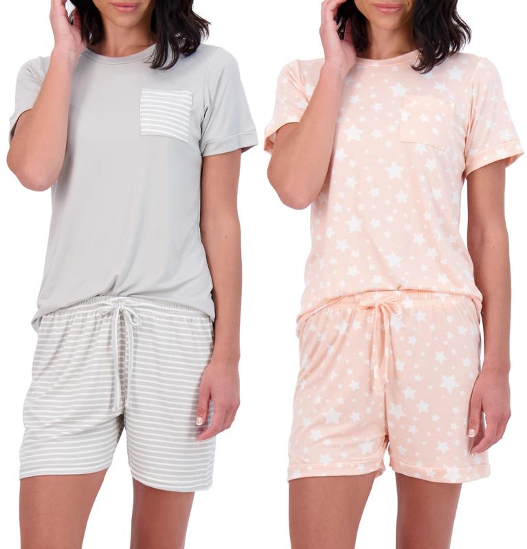 Real Essentials 4 Piece: Women’s Short Sleeve Top with Shorts Pajama Set – Ultra-Soft Lounge & Sleepwear (Available In Plus)