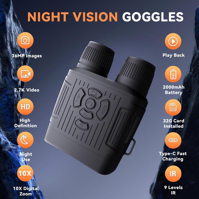 Night vision binoculars -3.0TFT screen, 10x digital zoom, strong infrared spotlight, 9-level adjustment, all black observation, rechargeable, 32GB card, suitable for hunting and camping, ideal Valentine's Day Halloween Christmas New Year gift