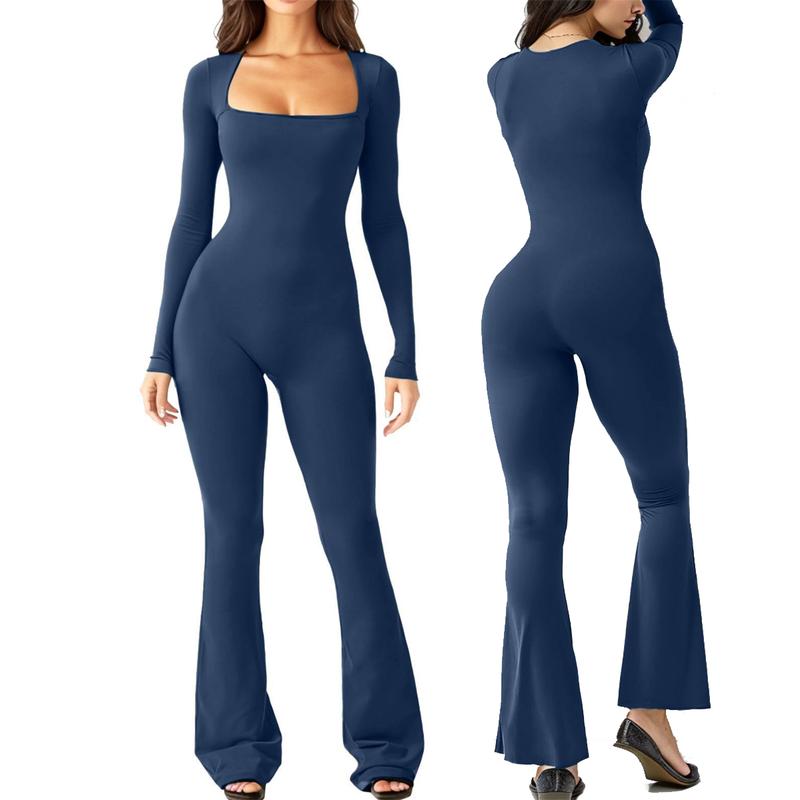 Long Sleeve Bodycon Jumpsuit for Women Square Neck One Piece Yoga Workout  Playsuit Stretchy Flared Bottom Pants Romper Clothes Athletic