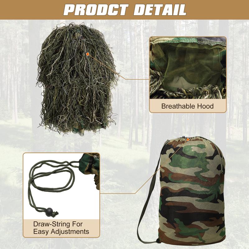 Slsy 5 in 1 Ghillie Suit, 3D Camouflage Hunting Apparel Including Jacket, Pants, Hood, Carry Bag Suitable for Unisex Adults Youth (M L XL XXL)