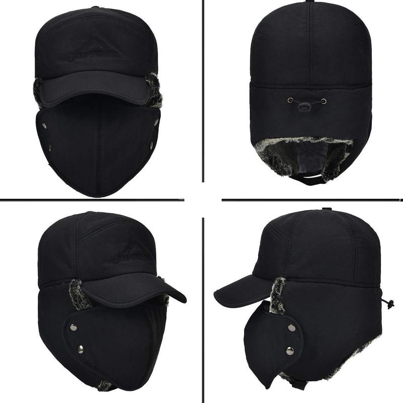 Winter 3 in 1 Thermal Fur Lined Trapper Hat with Ear Flap Full Face Warmer Cover Windproof Cycling Motorcycle Headwear with Face Mask