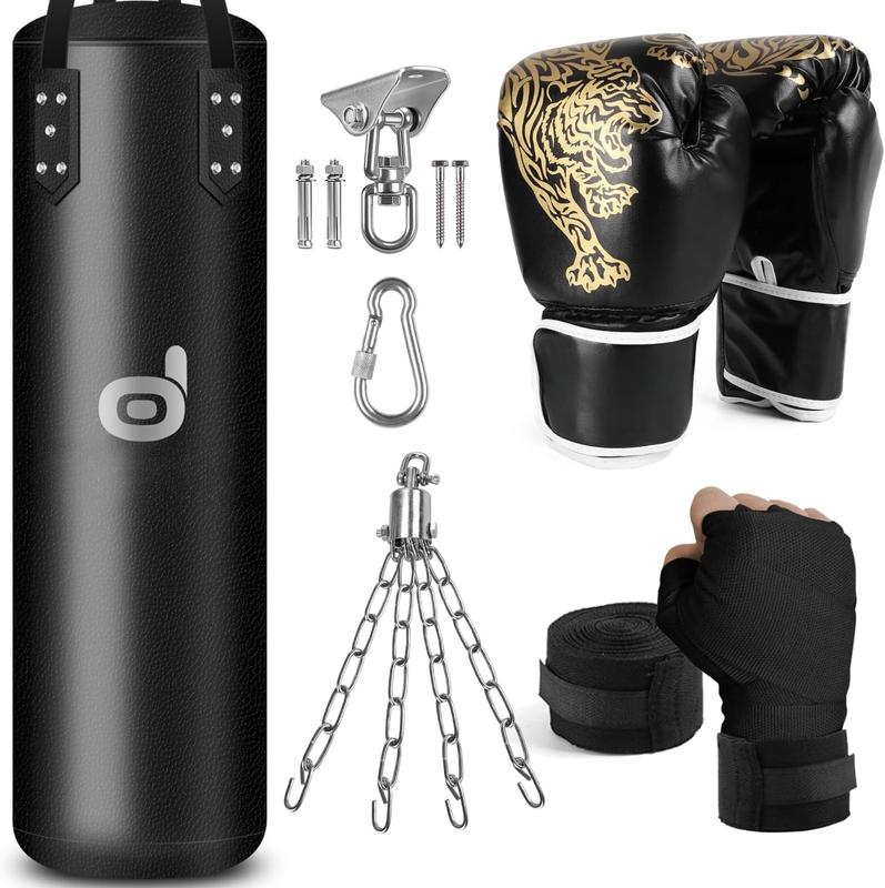 Punching Bag Set for Adults, 4FT PU Heavy Boxing Bag with 12OZ Boxing Gloves, Hand Wraps, Hanging Chains for MMA Karate Kickboxing Martial Art Home Gym Trainging - Unfilled