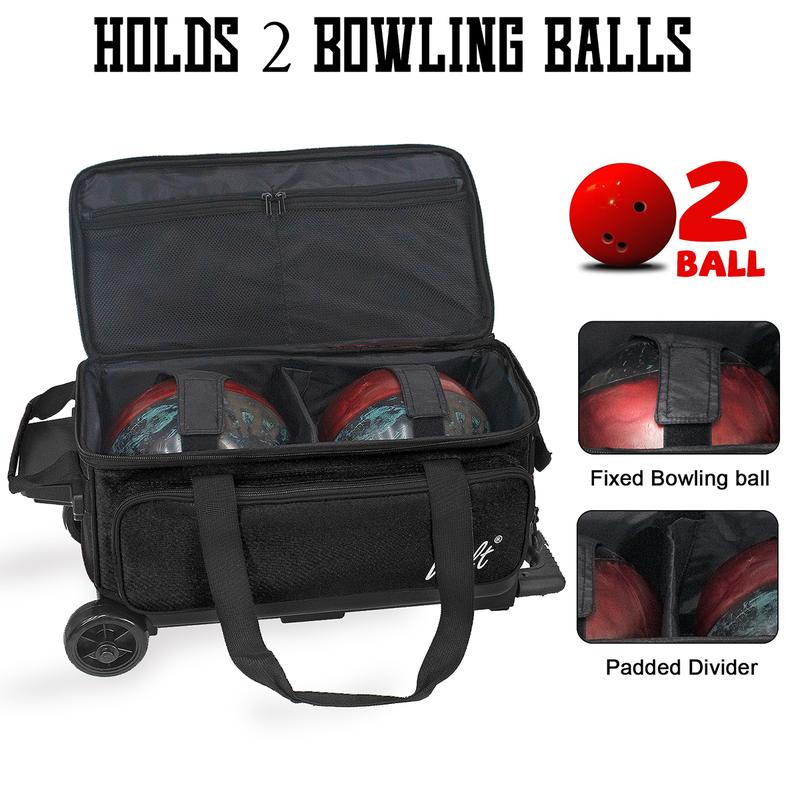 WOLT | Double Roller 2 Ball Bowling Bag with Separate Shoe Compartment, Large Capacity Bowling Ball Bag with Accessory Pocket, Retractable Handle extends to 40