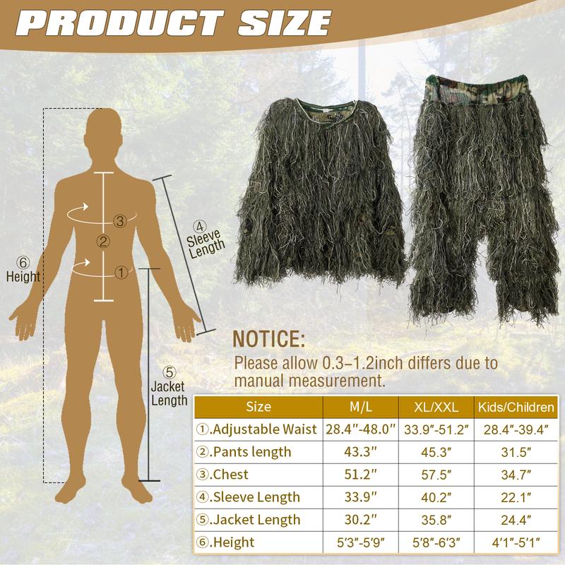 Slsy 5 in 1 Ghillie Suit, 3D Camouflage Hunting Apparel Including Jacket, Pants, Hood, Carry Bag Suitable for Unisex Adults Youth (M L XL XXL)