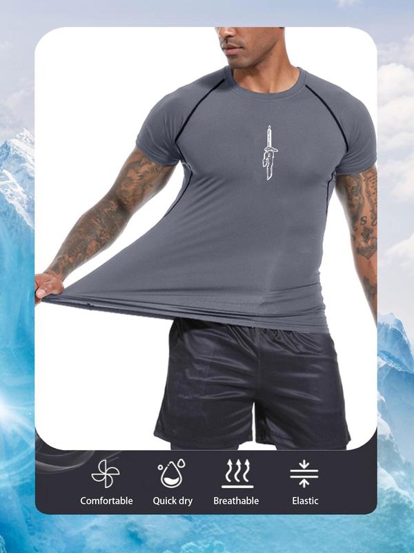 Sporty Men's Graphic Round Neck Raglan Sleeve Compression Sports Tee, Regular Fit Quick Drying Breathable Crew Neck Short Sleeve T-Shirt for Gym Workout Running, Casual Comfy Sport Top for Summer