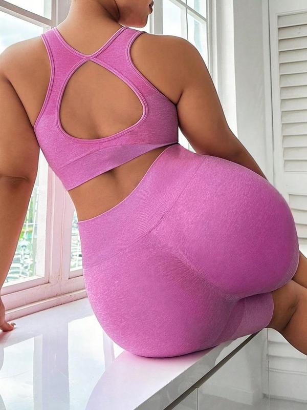 Plus Size Solid Cut Out Crop Tank Top & High Waist Shorts Tracksuit Set, Sporty Sleeveless Top & Skinny Shorts Set for Yoga Gym, Women's Summer Sportswear