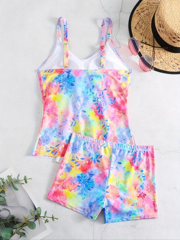 Women's Tie Dye & Floral Print Tankini Set, Casual Adjustable Spaghetti Strap Swim Top & Swim Shorts, Ladies Swimsuit for Beach Holiday Vacation