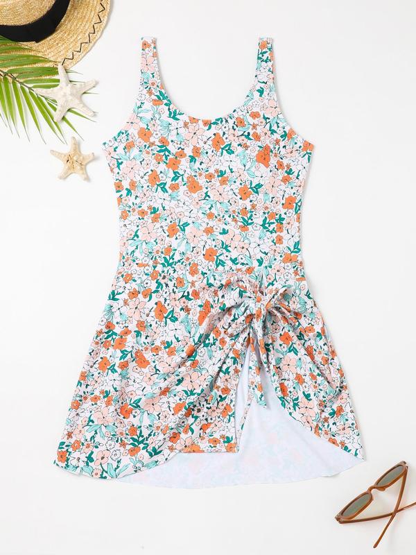 Women's Ditsy Floral Print Ruched Knot One-piece Swimsuit, Beach Outfits, Modest Scoop Neck Ring Linked Cami Swimwear for Summer, Bathing Suits Women, Fashion Women's Swimwear for Beach Holiday