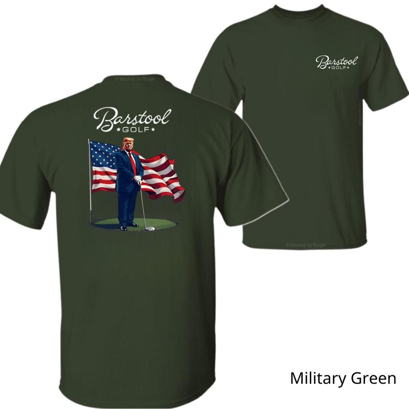 Barstool Golf T-Shirt - Patriotic Graphic with Golf and American Flag, suitable for golf enthusiasts, casual and comfortable T-shirt, ideal for daily wear. Unisex.