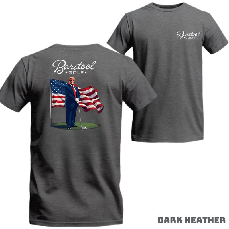 Barstool Golf T-Shirt - Patriotic Graphic with Golf and American Flag, suitable for golf enthusiasts, casual and comfortable T-shirt, ideal for daily wear. Unisex.