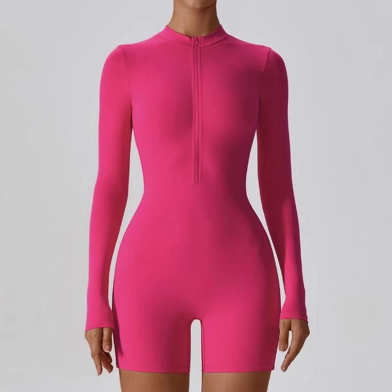 Zipper Nude Long Sleeve Yoga Bodysuit Women's Sports Fitness Training Dance One-piece Leotard