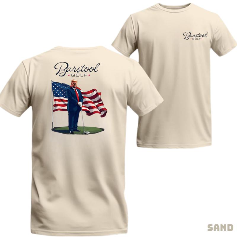 Barstool Golf T-Shirt - Patriotic Graphic with Golf and American Flag, suitable for golf enthusiasts, casual and comfortable T-shirt, ideal for daily wear. Unisex.