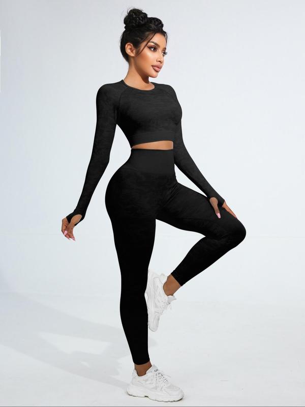 2 4 Pieces Women's Cut Out Tee & Hip Lifting Sports Leggings Workout Set, Long Sleeve Top & Skinny Pants Tracksuits Set for Yoga Gym, Chav Sets, Two-piece Sets Tracksuits, Sweatsuits, Women's Sports Outfits for Fall 2024, Minimalistic Outfit