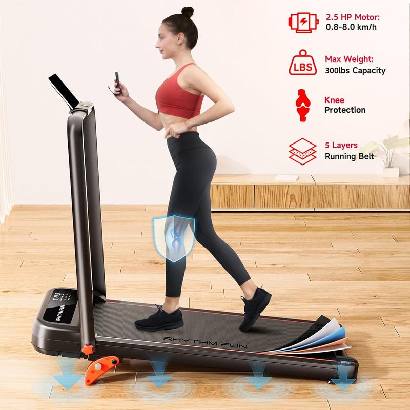 RHYTHM FUN 8° Incline Foldable Treadmill with Handlebar Under Desk Walking Pad for Office Home Gym 300 Lbs Portable Exercise Equipment with LED Display Remote Control & APP (5 Year Warranty)