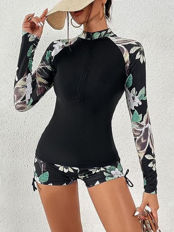 Women's Plants Print Zipper Racing Swimwear Set, Casual Long Sleeve Top & Tie Side Shorts For Beach Swimming, Lady Two-piece Swimsuit for Summer