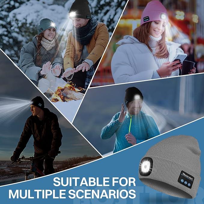 Bluetooth Beanie with LED Headlight and Removable Speakers,Knit warm winter Hat for Music and Calling,sport,outdoor,Unisex Christmas Birthday Gift