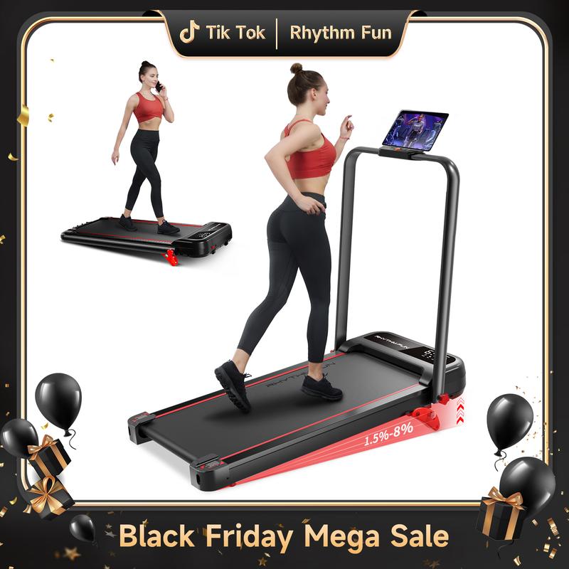 RHYTHM FUN 8° Incline Foldable Treadmill with Handlebar Under Desk Walking Pad for Office Home Gym 300 Lbs Portable Exercise Equipment with LED Display Remote Control & APP (5 Year Warranty)