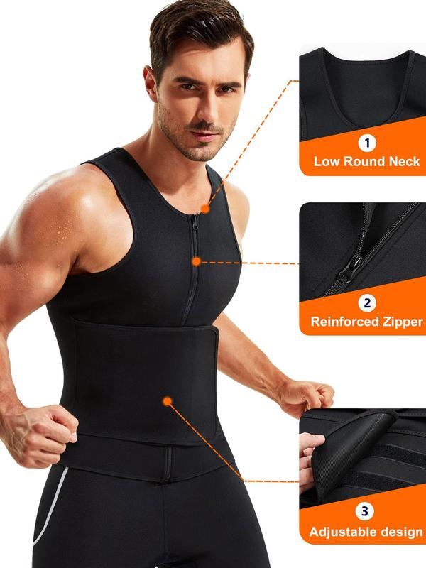 Men's Zipper Neoprene Sauna Vest, Sweat Sauna Vest, Graphic Tees for Gym, Slimming Shaper, Gym Clothing, Adjustable Waist Trainer Belt with Zipper, Workout Tops, Workout Fitness Tank Tops