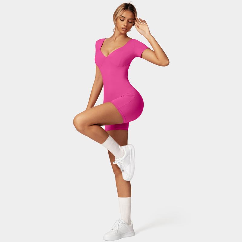 OEAK V Neck Short Sleeve Jumpsuit Women Yoga Rompers Workout Sexy V Waist Scrunch Tummy Control Bodycon Scrunch Butt Yoga Romper