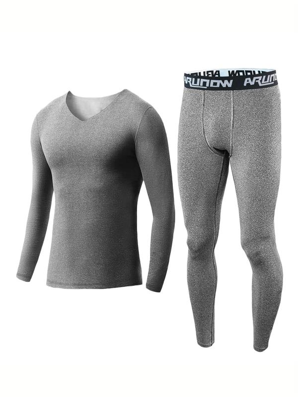 Two-Piece Set Men's Long Sleeve V Neck Tee & Letter Tape Leggings Tracksuit Set, Casual Comfy Breathable Tight-fitting Sportswear Set for Fall & Winter, Men's Sportswear for Indoor Outdoor Wear