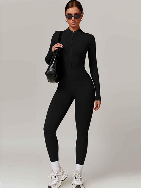 Women's Solid Zip Up Mock Neck Sports Jumpsuit, Casual Sporty Comfy Long Sleeve Jumpsuit for Yoga Gym Workout, Ladies Fall & Winter Sportswear