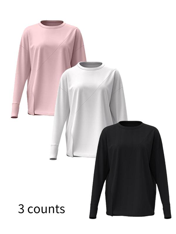 Women's Solid Round Neck Split Hem Long Sleeve Sports Tee, Sporty Crew Neck T-Shirt for Yoga Gym Workout Running, Ladies Sportswear for Fall & Winter