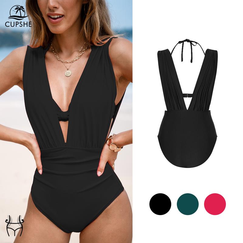 CUPSHE Women's Black Underwire Tummy Control One Piece Swimsuit Deep V Neck Bathing Suits