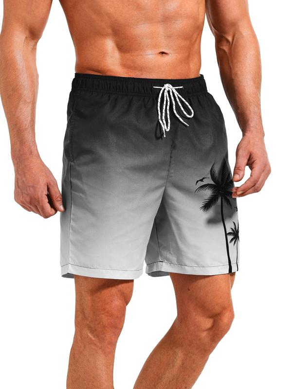 Men Swim Trunks Regular Fit Ombre Coconut Tree Print Drawstring Waist Beach Shorts, Casual Pocket Beach Gym Shorts, Summer Beach Shorts for Men