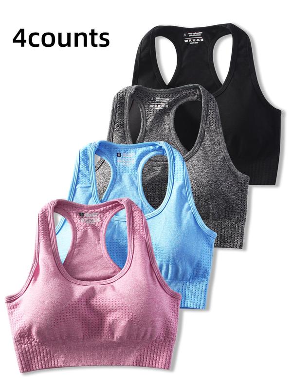 Women's Solid Color Racerback Sports Bra, Breathable Comfortable Seamless Sports Bra with Removable Pads, Ladies Sportswear for Indoor Outdoor Wear