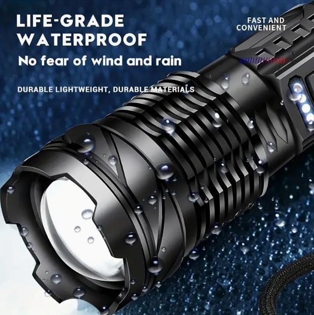 Strong Light Flashlight  Lighting More 1Mile Lasts 8 Hours Emergency Lighting White Flashlight With Red &Blue Alarm Lights Camping Gadgets 2024 Waterproof Rechargeable Flashlight Mountain Climbing Outdoor Night Road Garden Lighting