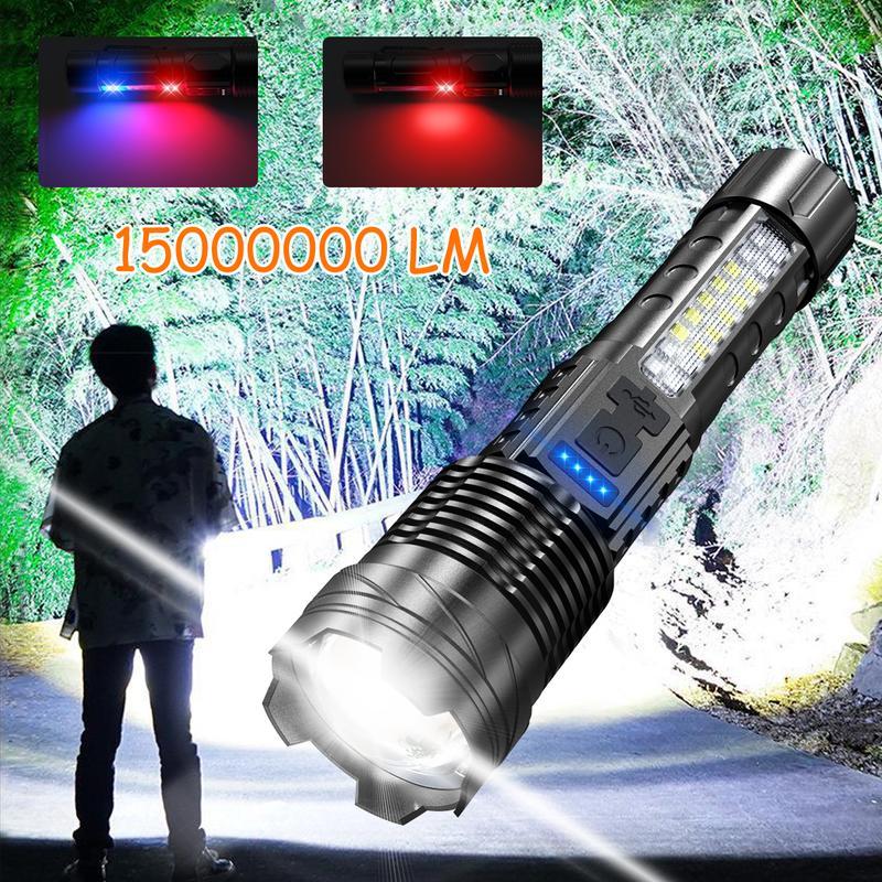 Strong Light Flashlight  Lighting More 1Mile Lasts 8 Hours Emergency Lighting White Flashlight With Red &Blue Alarm Lights Camping Gadgets 2024 Waterproof Rechargeable Flashlight Mountain Climbing Outdoor Night Road Garden Lighting