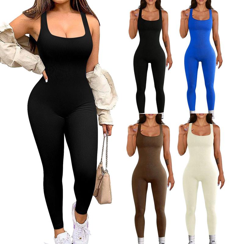 Women's One Piece Jumpsuits Seamless Ribbed Square Neck Yoga Workout Sleeveless Rompers Jumpsuits