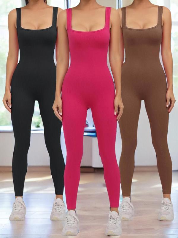 Women's Plain Square Neck Sports Jumpsuit, Sporty Casual Sleeveless Jumpsuit, Summer Outfits 2024, Ladies Sportswear for Yoga Gym Workout