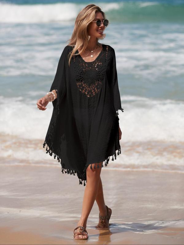 Women's Plain Fringe Trim Hollow Out Sheer Cover Up, Summer Clothes Women, Casual Batwing Sleeve V Neck Cover Up, Lady Swimwear for Beach Holiday