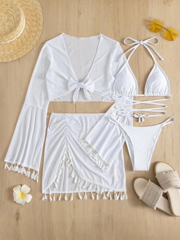 Women's Solid Tassel Trim Swimsuit Set, Criss Cross Tie Back Halter Triangle Swimsuit Top & Thong & Tie Front Crop Cover Up & Ruched Tassel Skirt Set, Boho Style Swimwear Set for Beach Holiday