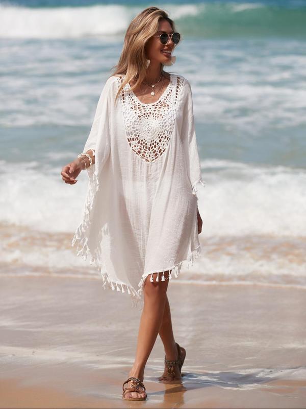 Women's Plain Fringe Trim Hollow Out Sheer Cover Up, Summer Clothes Women, Casual Batwing Sleeve V Neck Cover Up, Lady Swimwear for Beach Holiday