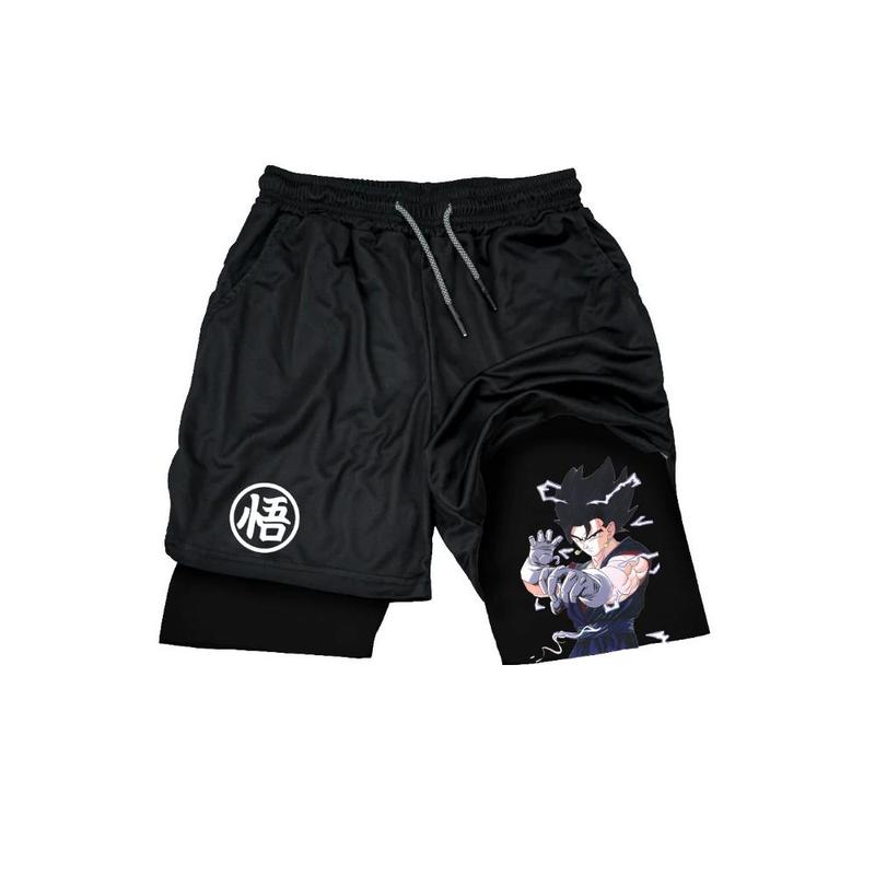 Men Shorts Anime Graphic Gym Shorts 2-in-1 Men Gym Shorts Summer Double Layer Sports Shorts with Inner Pocket Men Training Running Clothes