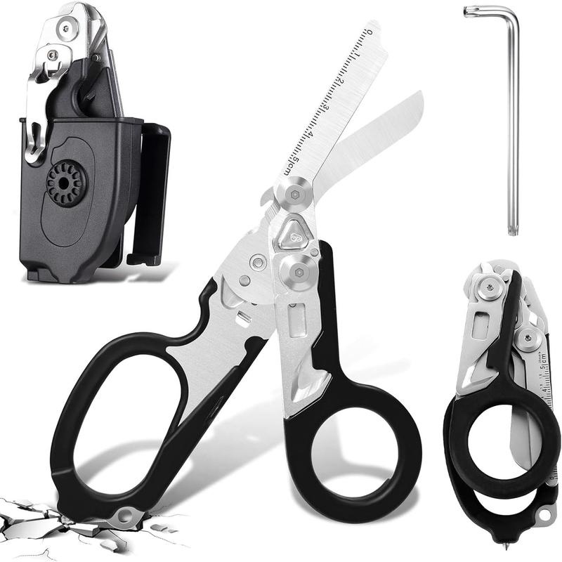 6 In 1  Shears, Stainless Steel Foldable Trauma Shears with Strap  and Glass Breaker, Outdoor Camping Tools (Black)