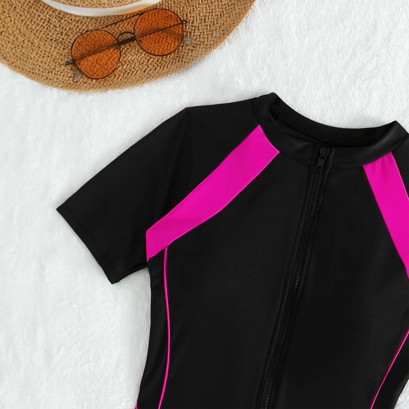 Simple Color-Block One-Piece Swimsuit, Water Sports Safety Half-Zip Surfing Suit, High-Performance Competitive Women's Swimwear