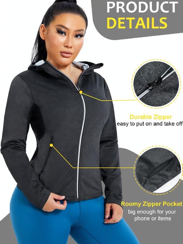 Women's Solid Zip Up Hooded Sports Sauna Hoodie Jacket, Gym Clothes, Sporty Breathable Pocket Long Sleeve Hooded Outerwear for Gym Workout Running, Ladies Sportswear for All Seasons, Fall Clothes