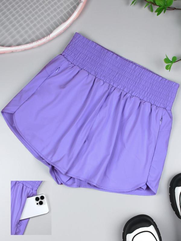 Women's Plain 2 IN 1 Zipper Pocket Shirred High Waist Sports Gym Shorts, Gym Shorts, Sporty Summer Outfits 2024 for Gym Workout Running Yoga