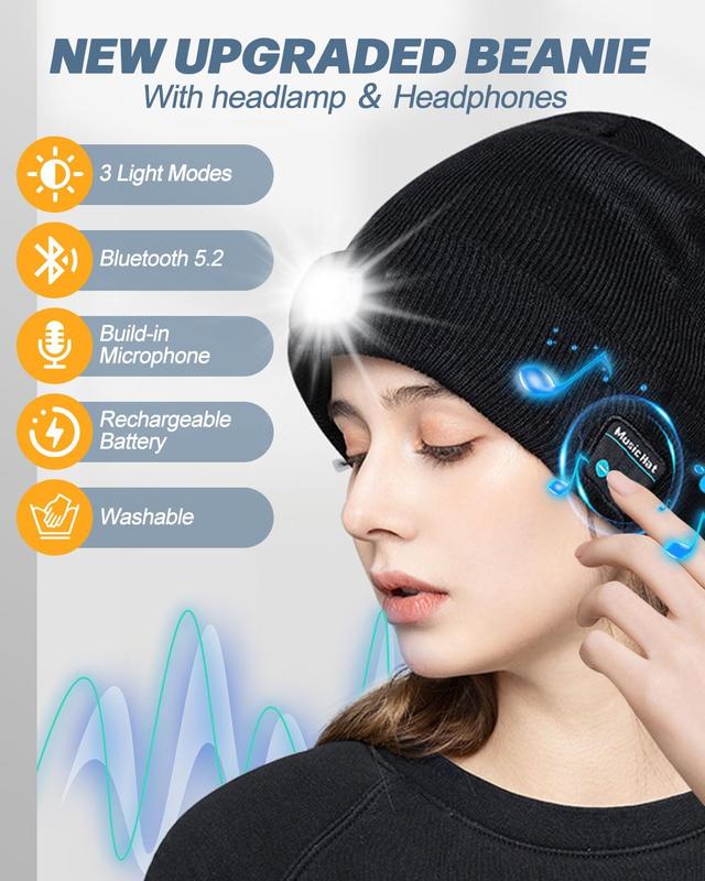 Bluetooth Beanie with LED Headlight and Removable Speakers, sport,outdoor,Unisex Christmas Birthday GiftUSB Rechargeable Knit warm winter Hat balaclava Hat for Music and Calling,