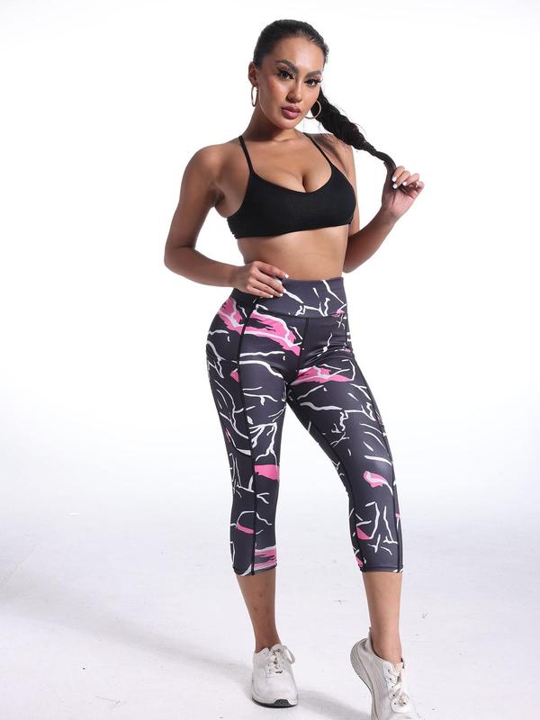 Sporty Women's All Over Print Pocket High Waist Sports Capri Leggings, Casual Sport Comfy Breathable Skinny Capris Pants for Yoga Gym Workout Running, Ladies Sportswear for Spring & Fall, Fall Outfits, Fallfreshness