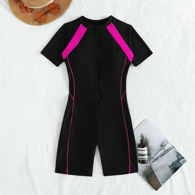 Simple Color-Block One-Piece Swimsuit, Water Sports Safety Half-Zip Surfing Suit, High-Performance Competitive Women's Swimwear