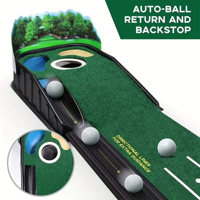 Automatic Putting Green, Indoor Golf Putting Mat, Practice Putting Mat with Lenticular 3D Backplate, Alignment Guides and Ball Return