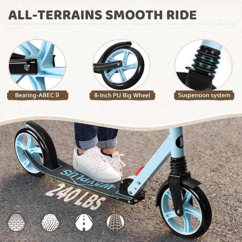 WAYPLUS Kick Scooter for Teens & Adults. Max Load 240 LBS. Foldable, Lightweight, 8IN Big Wheels For Teen and Adults, 4 Adjustable Levels. Bearing ABEC9