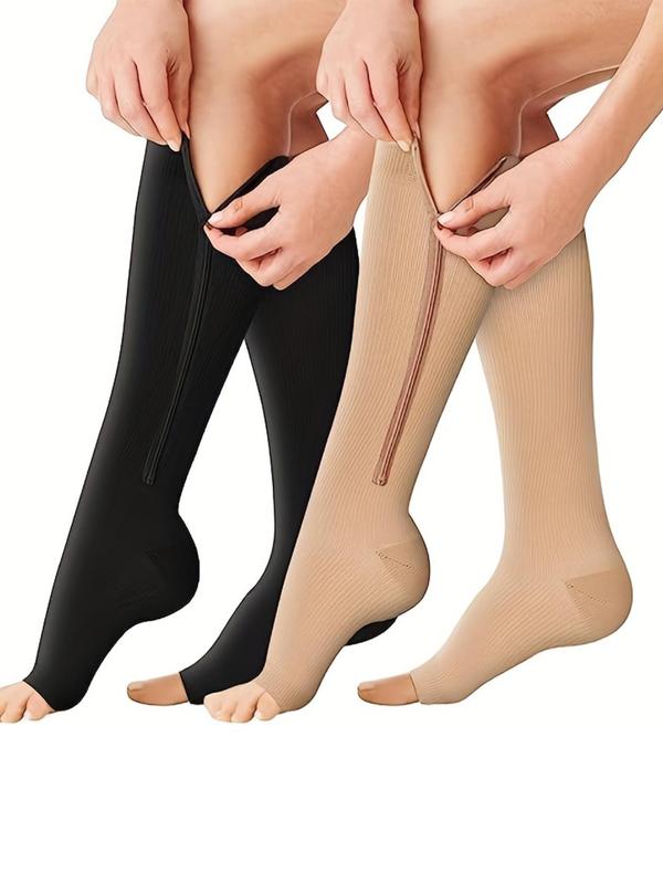 Men's 2 Pairs Solid Zipper Knee High Athletic Socks, Comfy Breathable Compression Sports Socks for Gym Workout Running,  Cozy Socks Knee High, Open Toe Socks for Men