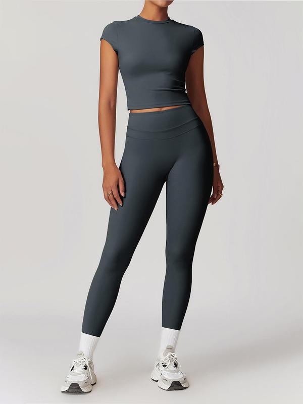 Two-Piece Set Women's Solid Round Neck Crop Top & High Waist Leggings Tracksuit Set, Gym Sets for Women, Sporty Breathable Comfy Outfits for Yoga Gym Workout Running, Ladies Sportswear, Jogging Suit Set