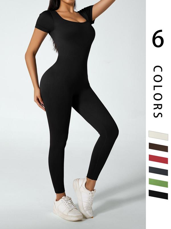 Women's Solid Scoop Neck Sports Tummy Control Jumpsuit, Casual Comfy Short Sleeve Ribbed Jumpsuit for Yoga Gym Workout, Minimalist Basic Stretchy Sports Outfits, Ladies Sportswear for All Seasons, Jumpsuit for Women